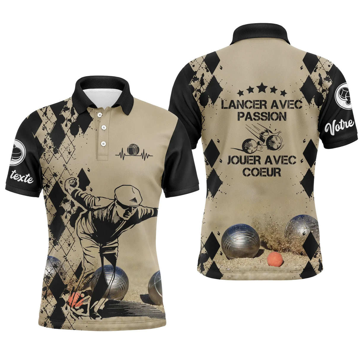 Polo pétanque homme sable Lancer avec passion dos joueur boules prénom manche personnalisé