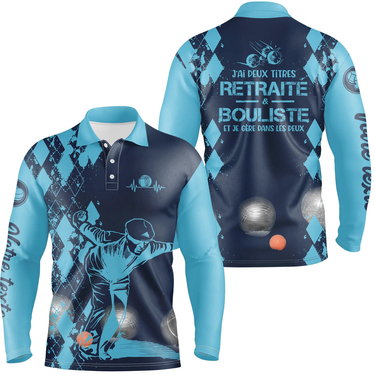 Polo manches longues homme bleu marine retraité bouliste deux titres dos joueur prénom personnalisé
