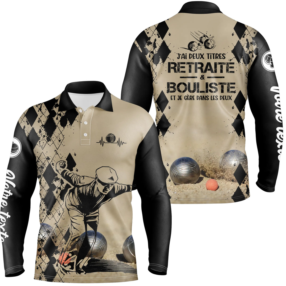 Polo manches longues homme sable retraité bouliste deux titres dos joueur prénom personnalisé