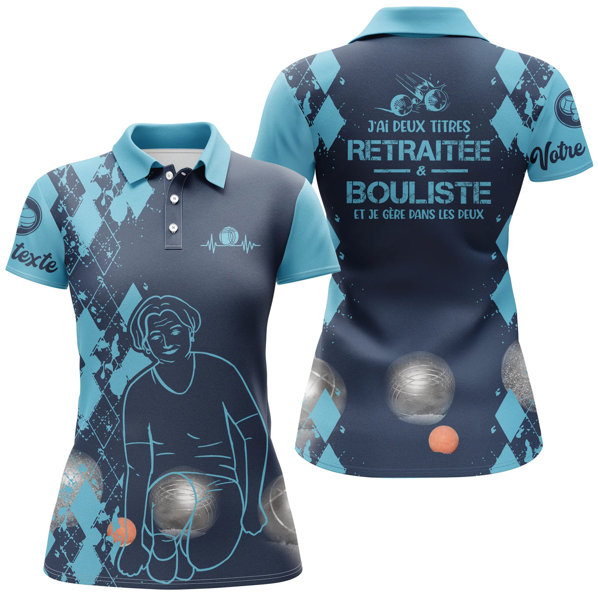 Polo pétanque femme bleu marine retraité bouliste deux titres dos joueuse prénom manche personnalisé