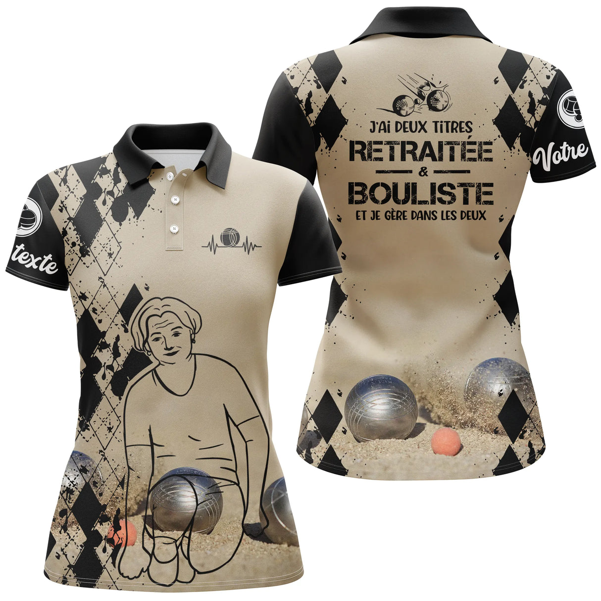 Polo pétanque femme sable retraité bouliste deux titres dos joueuse boules prénom manche personnalisé