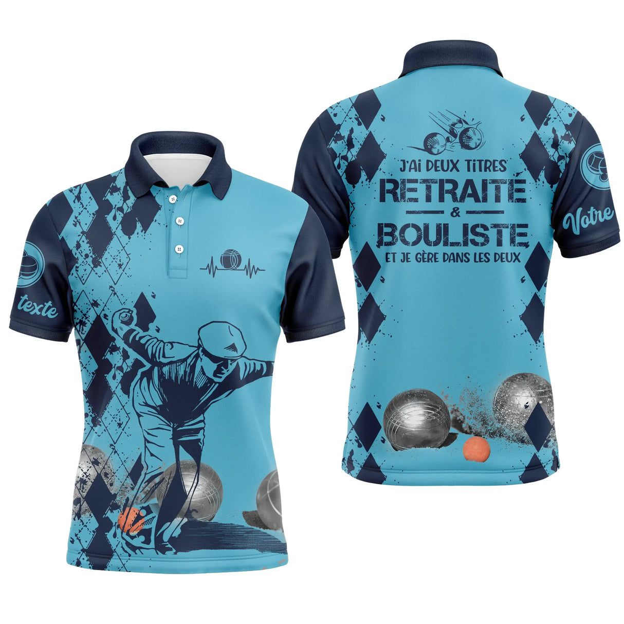 Polo pétanque homme bleu retraité bouliste deux titres dos joueur boules prénom manche personnalisé