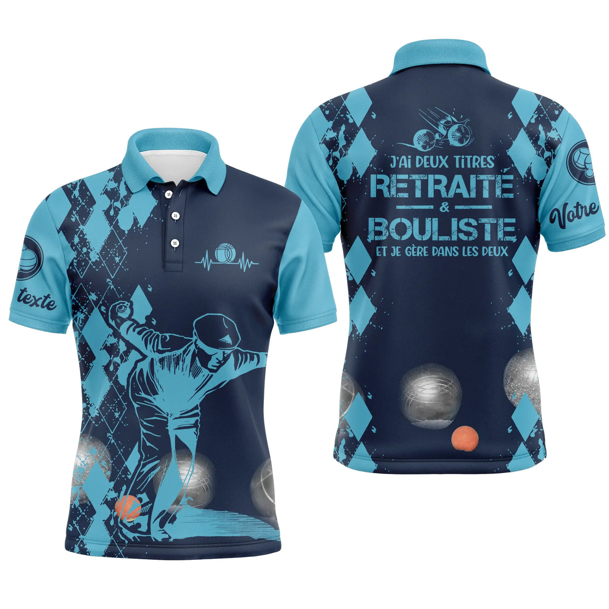 Polo pétanque homme bleu marine retraité bouliste deux titres dos joueur boules prénom manche personnalisé