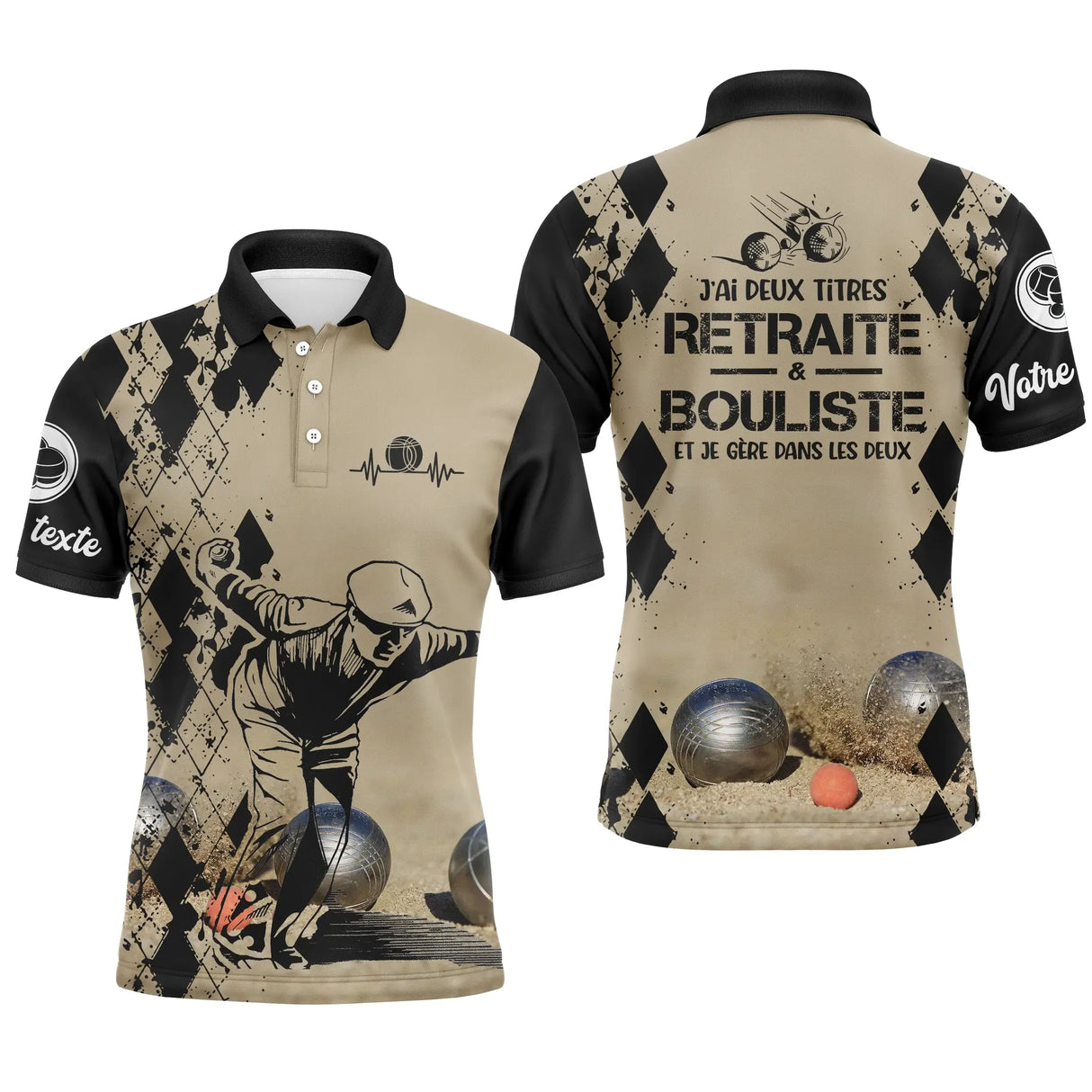 Polo pétanque homme sable retraité bouliste deux titres dos joueur boules prénom manche personnalisé
