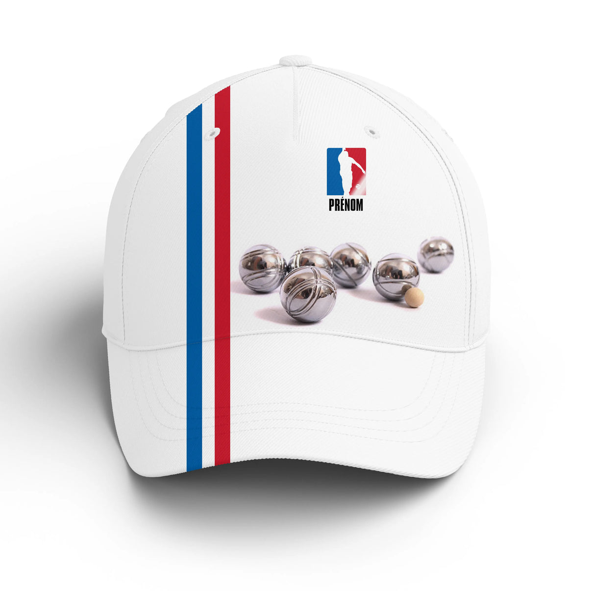 Casquette pétanque tricolore bleu blanc rouge boules pétanque prénom broderie côté unisexe personnalisée