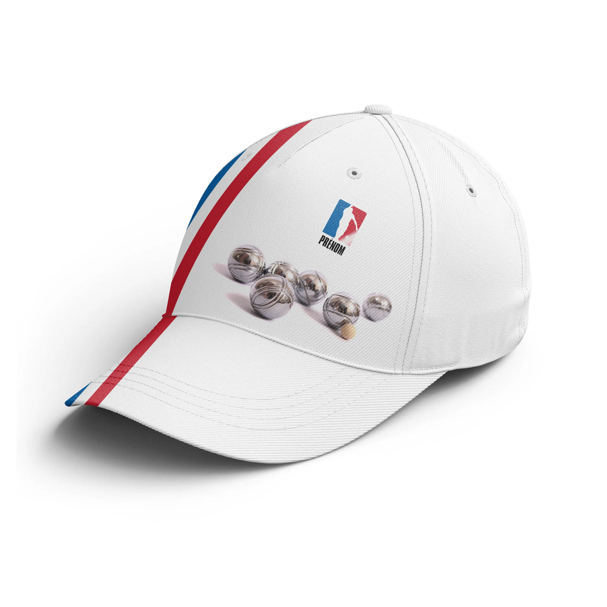 Casquette pétanque blanche drapeau france tricolore boules réalistes prénom côté broderie bouliste personnalisée