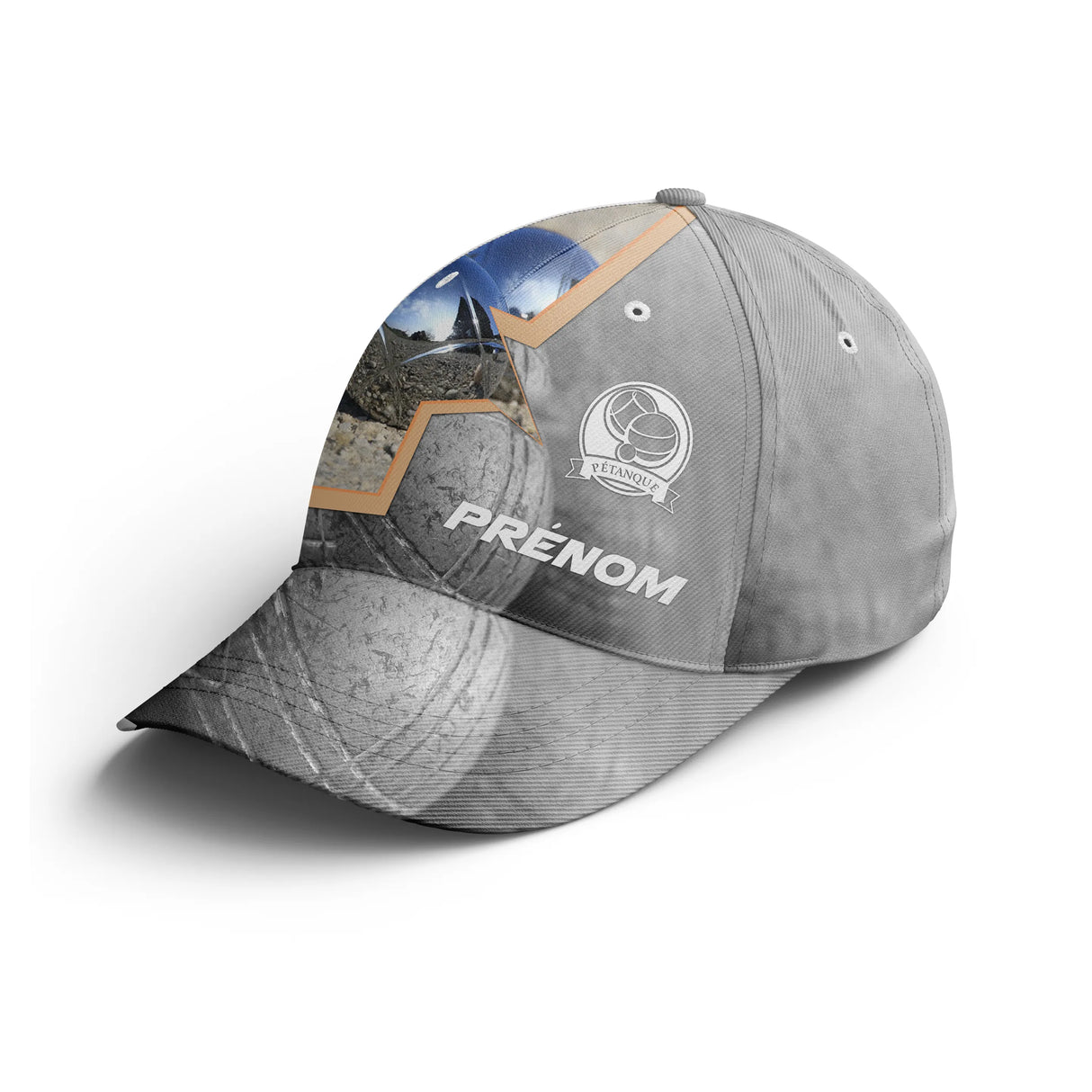 Casquette pétanque grise boule réaliste boulodrome stylisé prénom côté broderie bouliste personnalisée