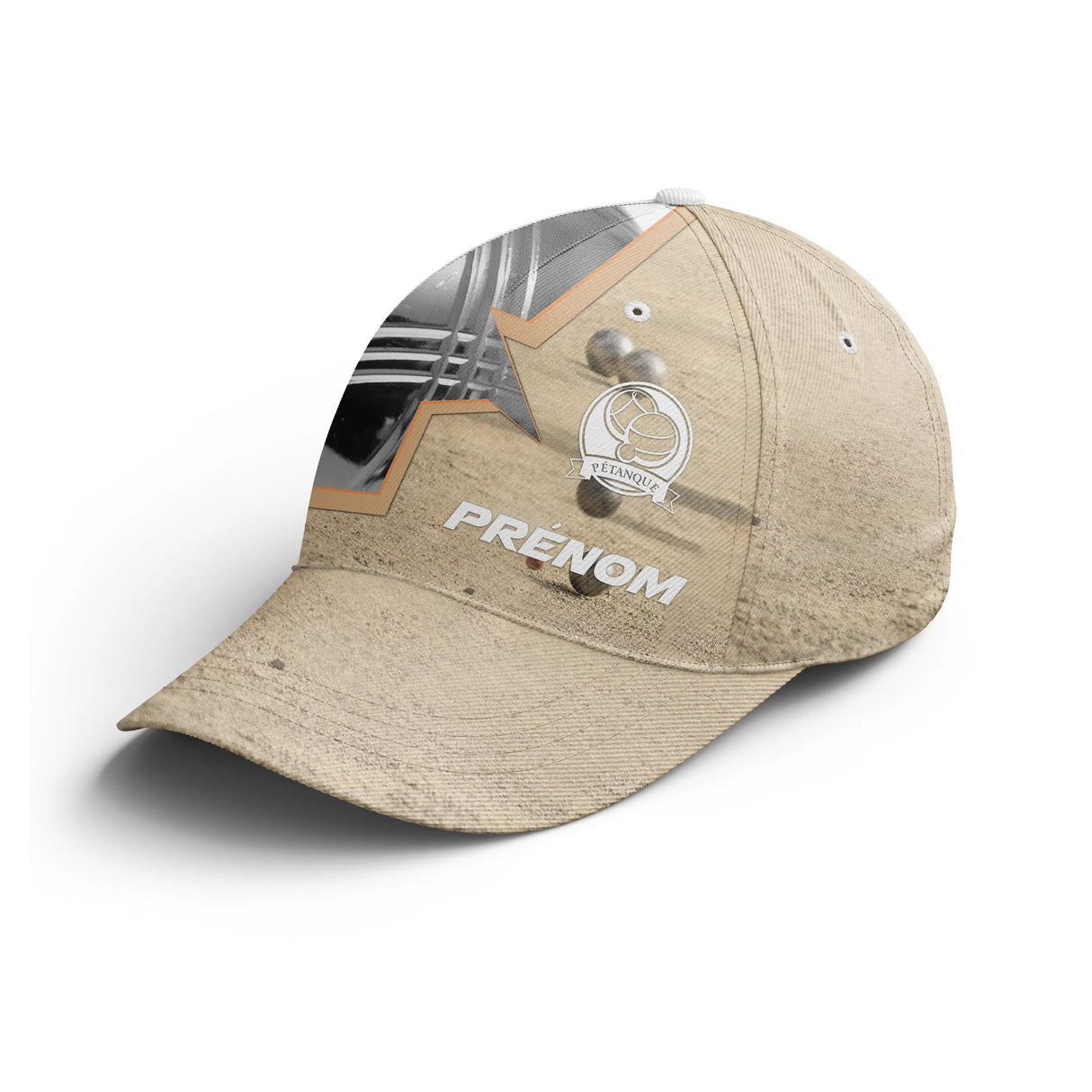 Casquette pétanque beige sable boules éclatées noir blanc prénom côté broderie bouliste personnalisée