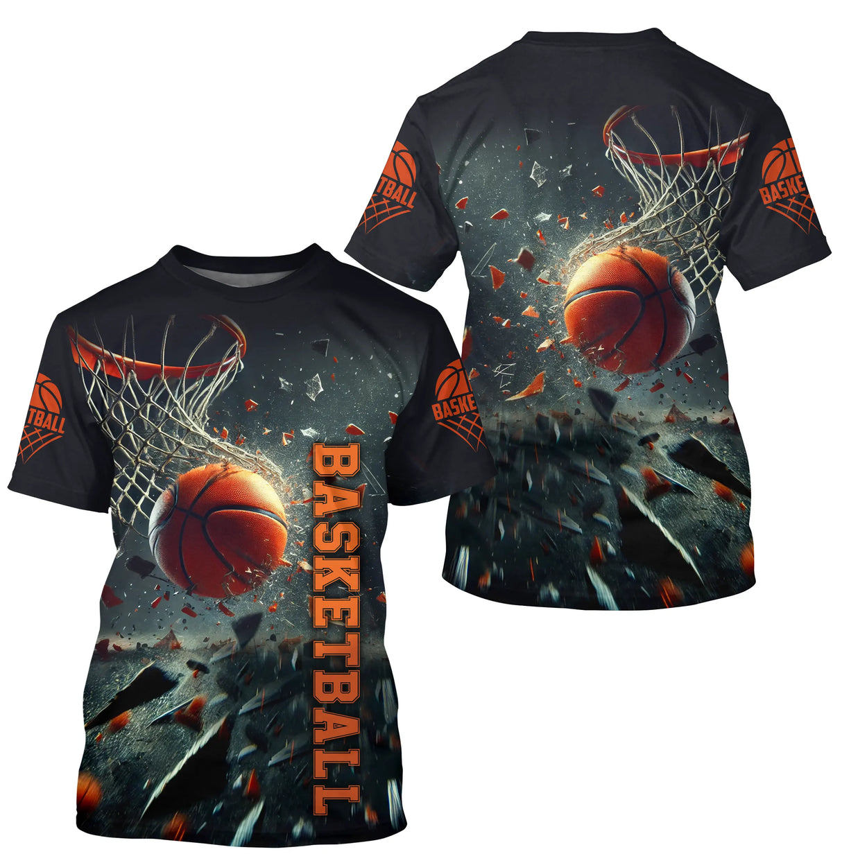 T-shirt basketball smash personnalisé impact ballon brisant panier avec éclats noirs et orange