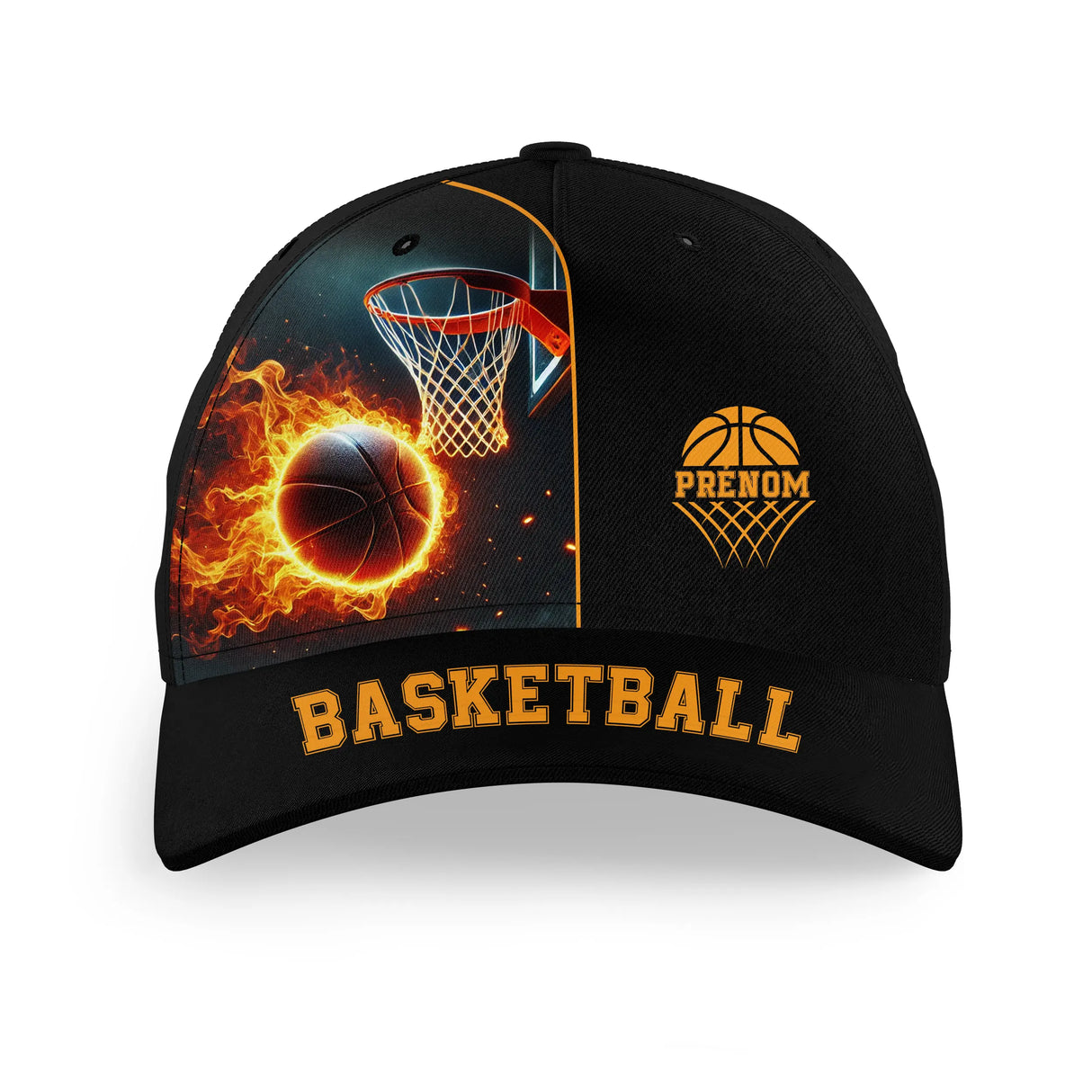 Casquette basketball personnalisée noir et orange avec ballon en feu panier embrasé et prénom