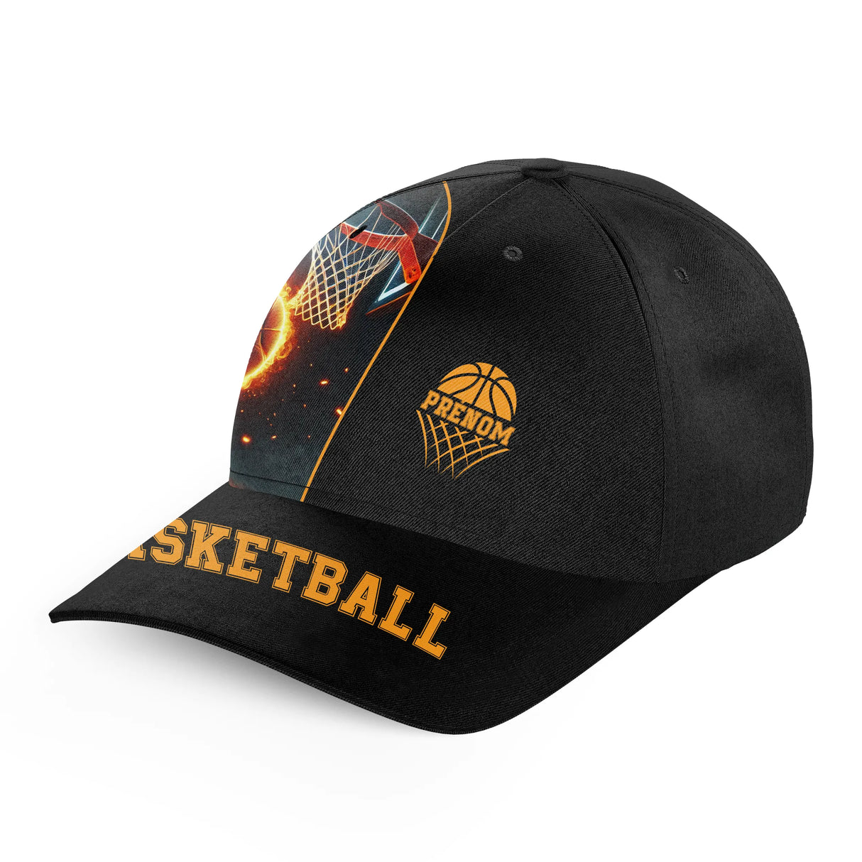 Casquette basketball flamme vue de profil noir orange avec design panier feu et logo basket