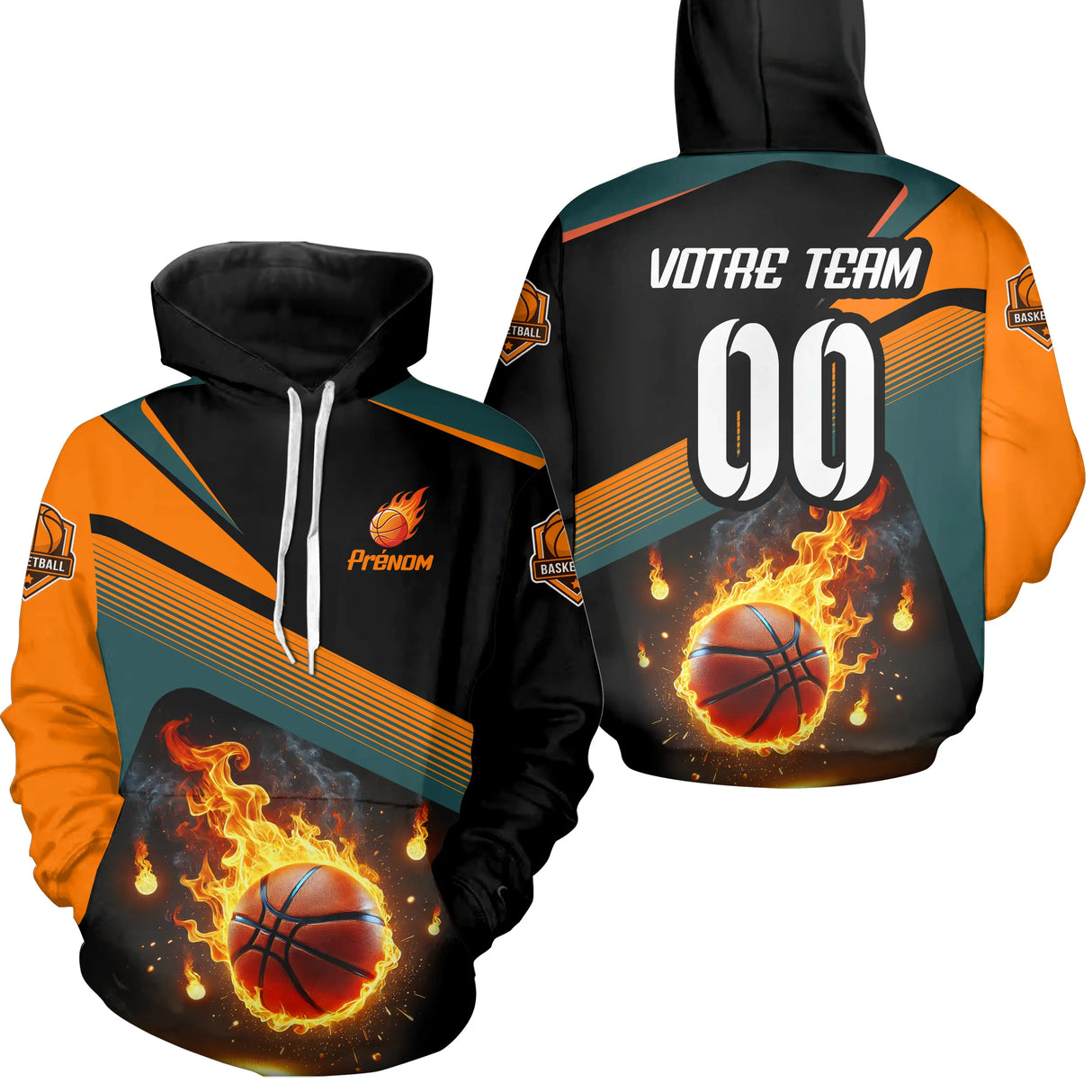 Sweat à capuche basketball balle en feu orange teal avec ballon flammé et numéro de match