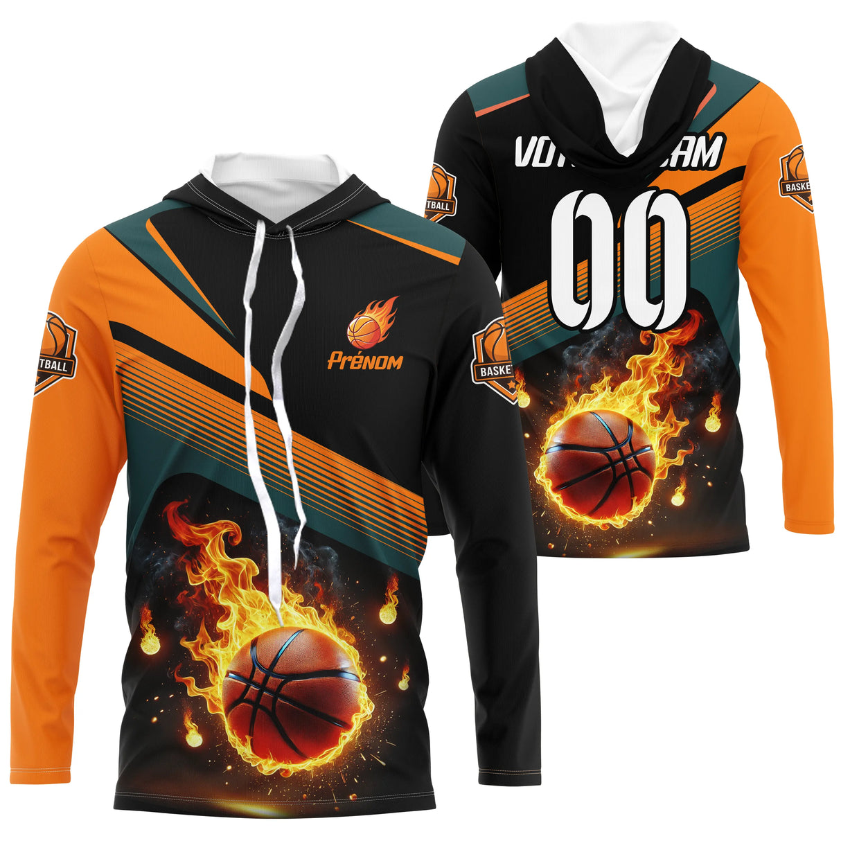 Anti-UV manches longues basketball balle en feu orange noir chevrons et prénom de joueur