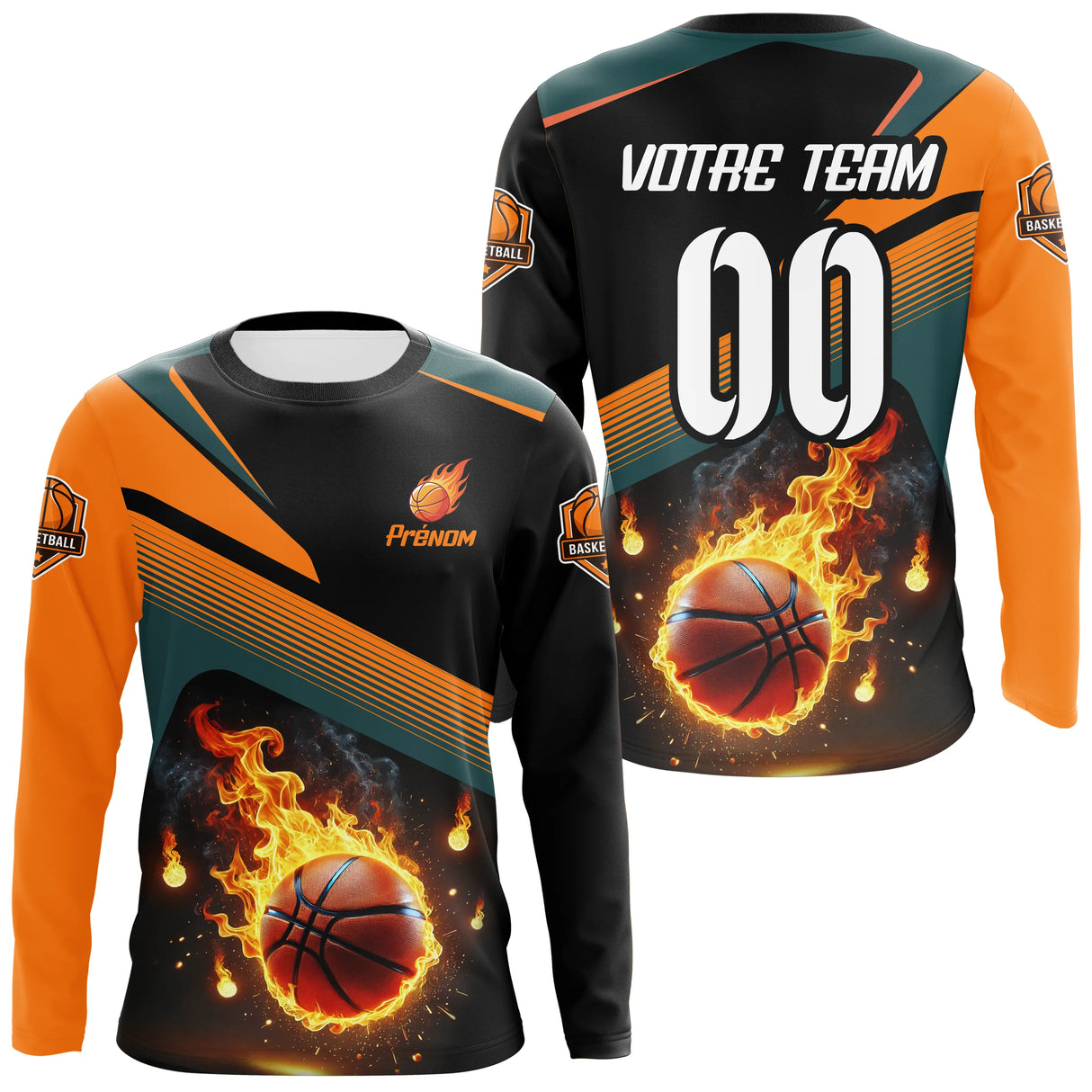 Anti-UV à capuche basketball flamme orange et teal avec ballon en feu et nom team au dos