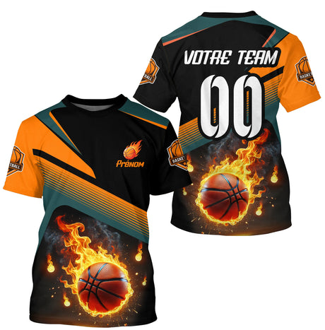 Tenue Basket Personnalisée Unisexe – Prénom & Équipe – Design Balle en Feu - A15012501 - Tshirt