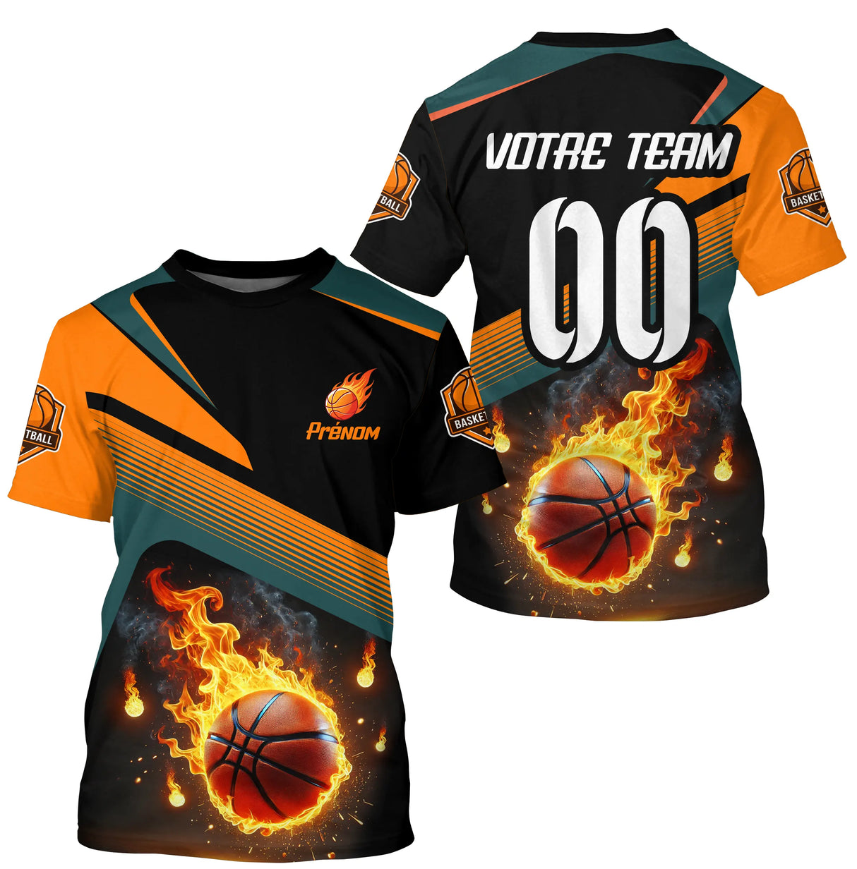 T-shirt basketball balle en feu orange teal noir avec ballon enflammé prénom et numéro
