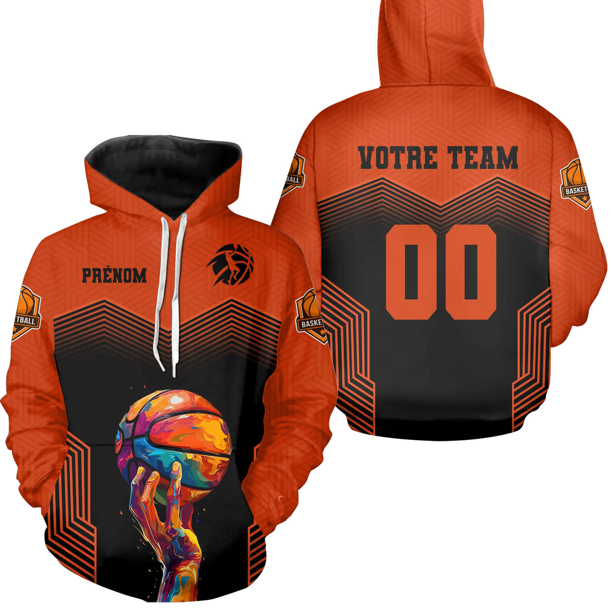 Sweat à capuche basketball personnalisé orange et noir ballon multicolore et numéro de joueur
