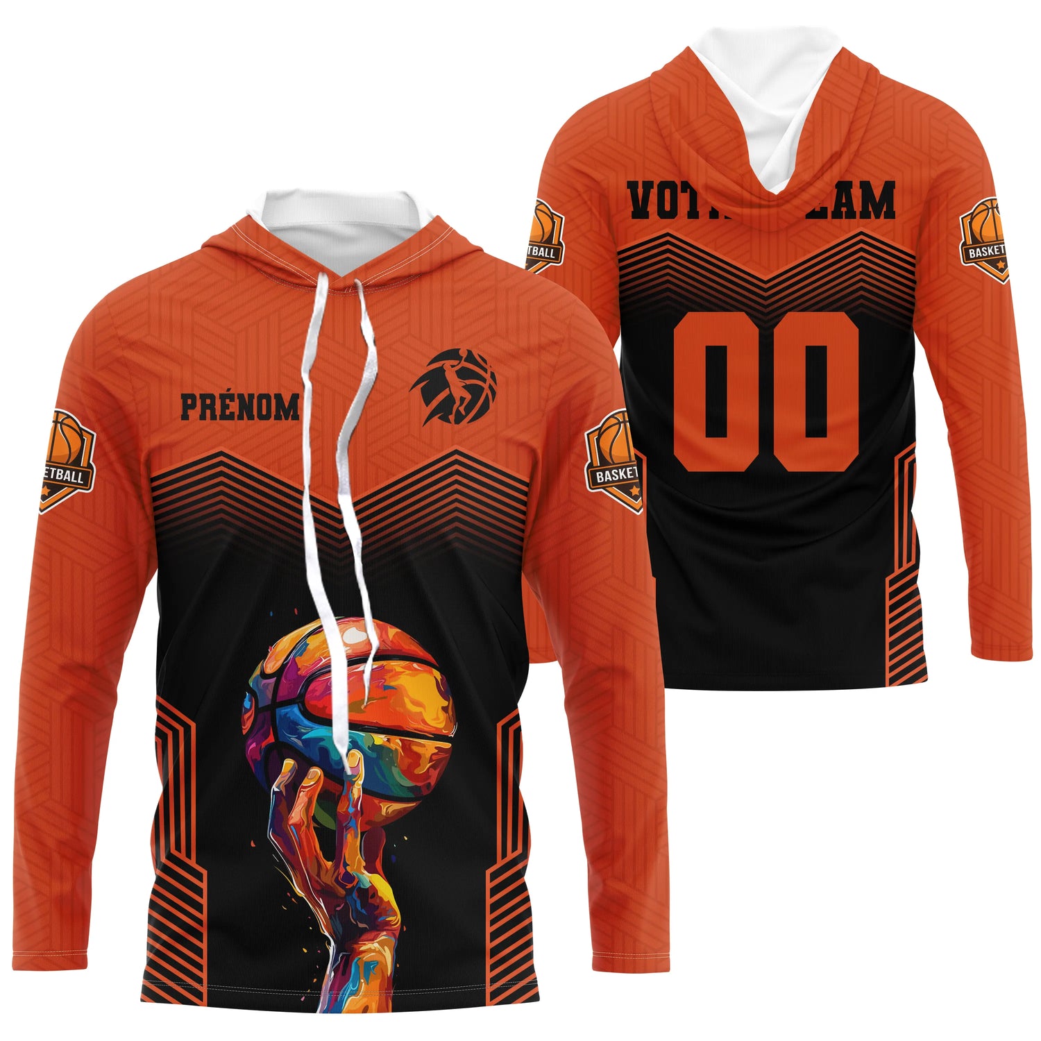Tenue Basket Personnalisée Unisexe – Prénom & Équipe – Design Artistique Main & Ballon - A15012503 - Anti-UV T-shirt manches longues à capuche