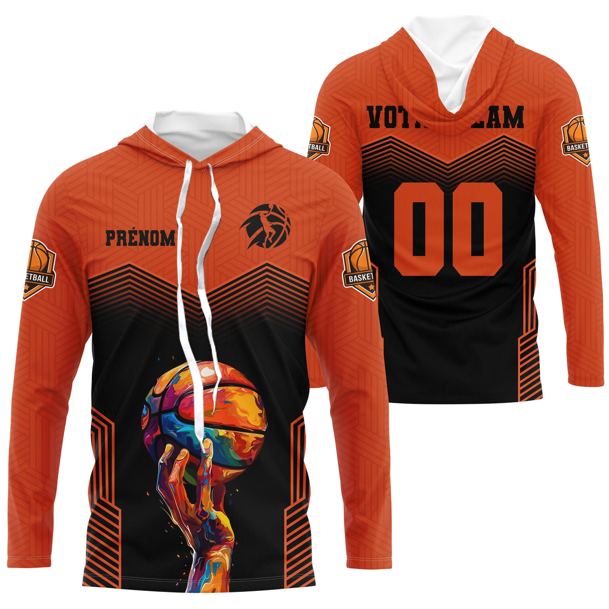 Anti-UV manches longues basketball orange noir avec ballon coloré chevrons et prénom au torse