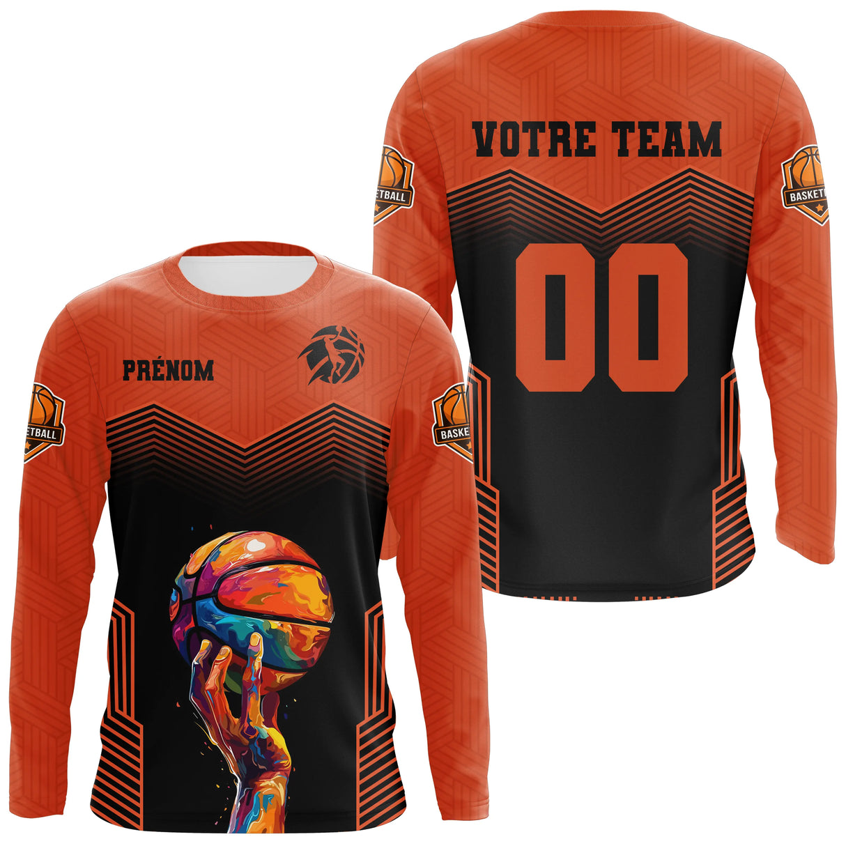 Anti-UV à capuche basketball orange et noir design ballon multicolore et nom d'équipe au dos