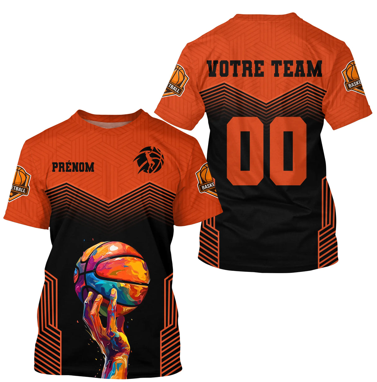 T-shirt basketball personnalisé orange et noir avec ballon multicolore tenu par main et prénom