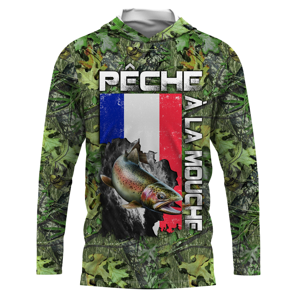 Sweat UV à capuche pêche à la mouche truite drapeau France camouflage forêt vert prénom personnalisé
