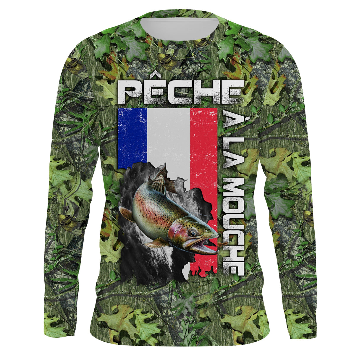 Maillot UV manches longues pêche à la mouche truite drapeau France camouflage prénom personnalisé