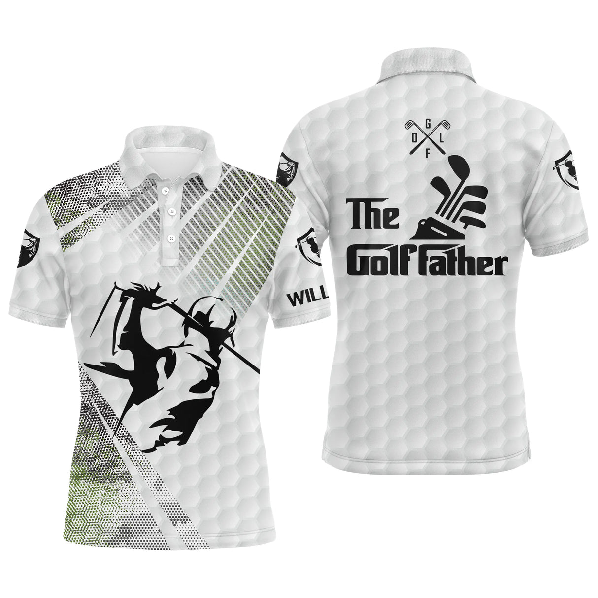 Polo de golf The Golffather avec silhouette golfeur en swing et lettrage cinéphile au dos sur texture balle alvéolée blanche