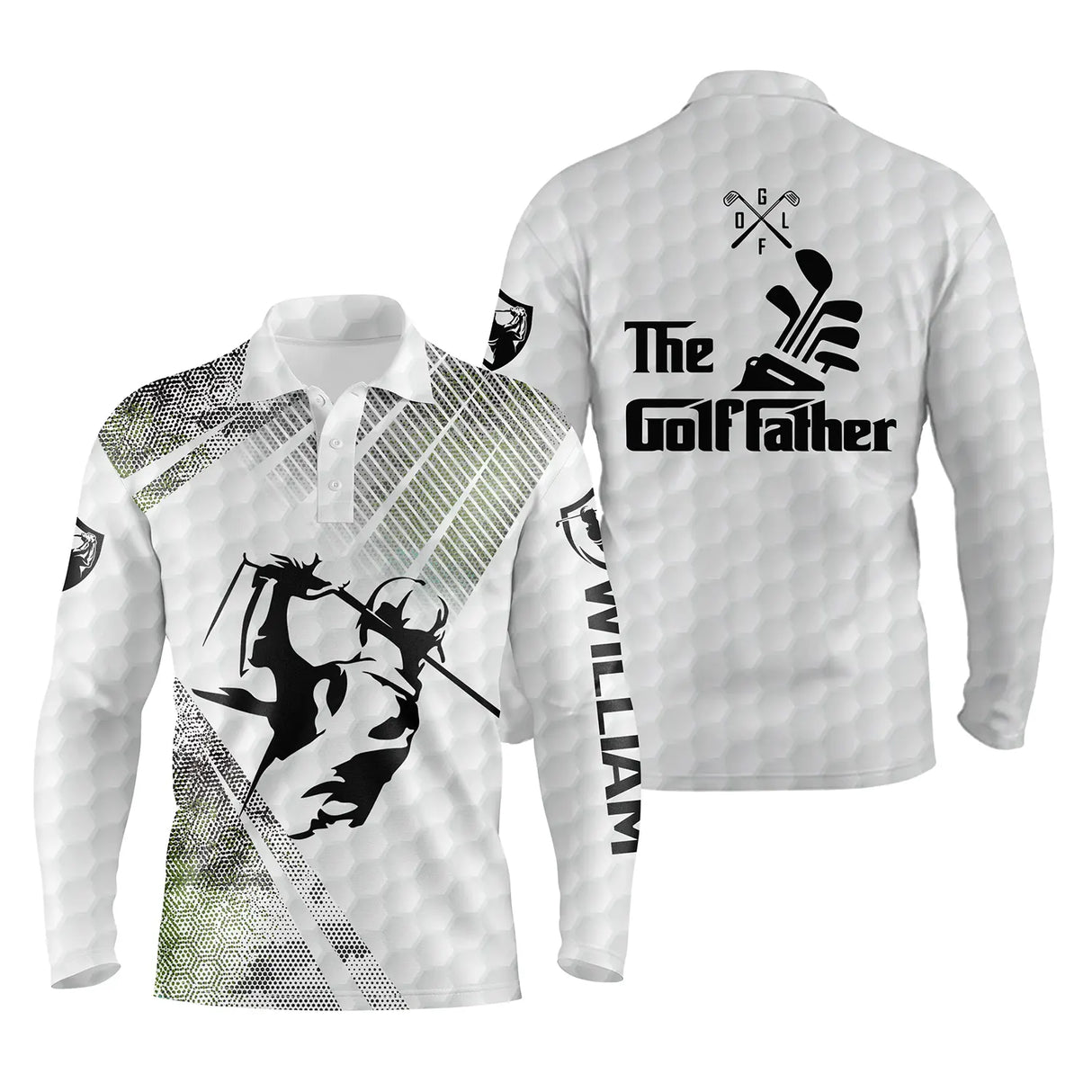 Polo golf The Golffather vue de face texture balle alvéolée et silhouette gris ardoise, coupe homme personnalisable