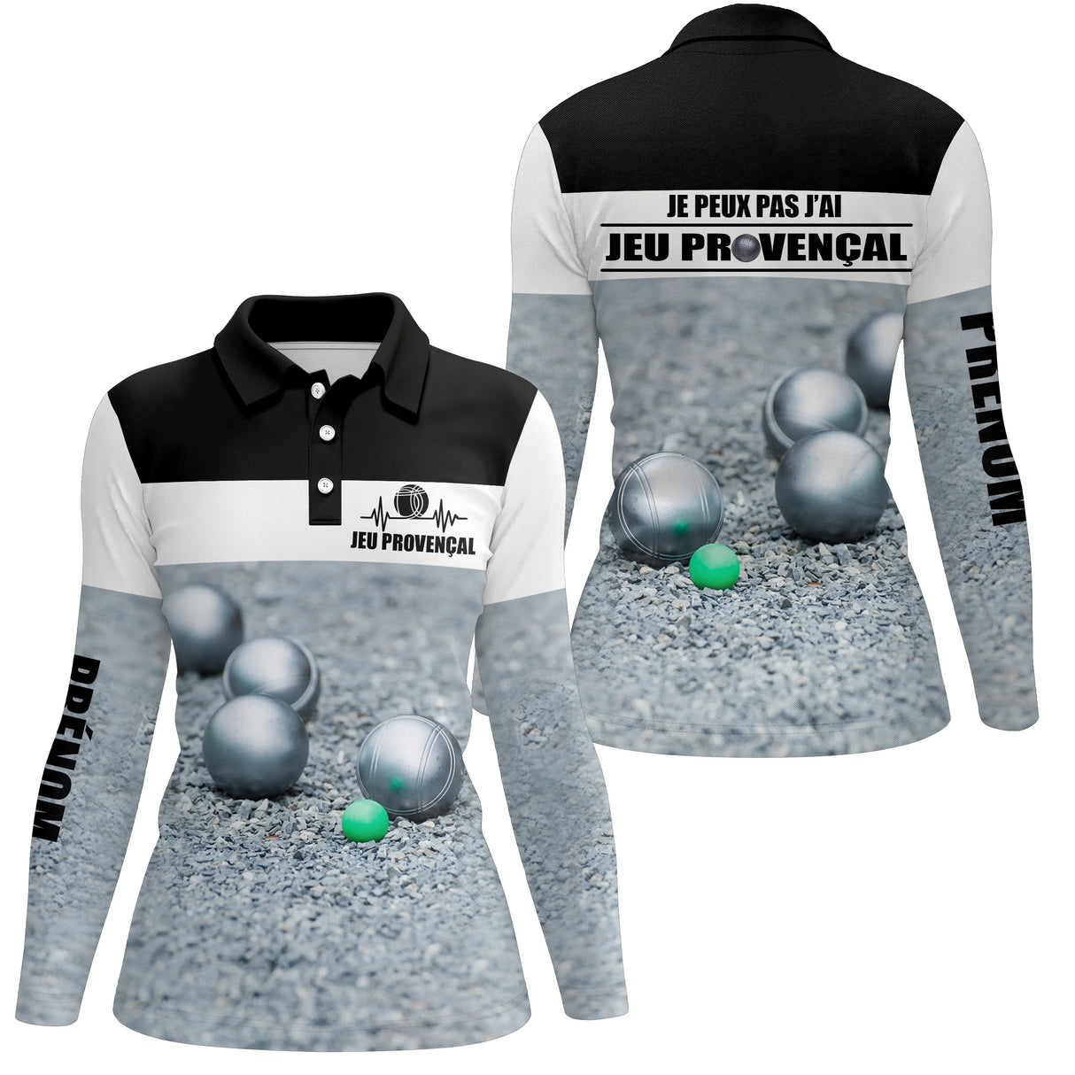 Polo jeu provençal manches longues femme noir blanc devant boules terrain prénom personnalisé