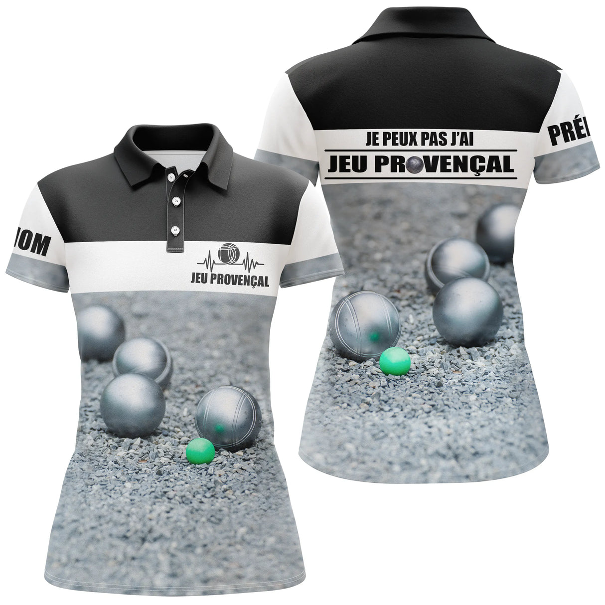 Polo jeu provençal femme noir blanc humour devant boules terrain prénom manche bouliste personnalisé