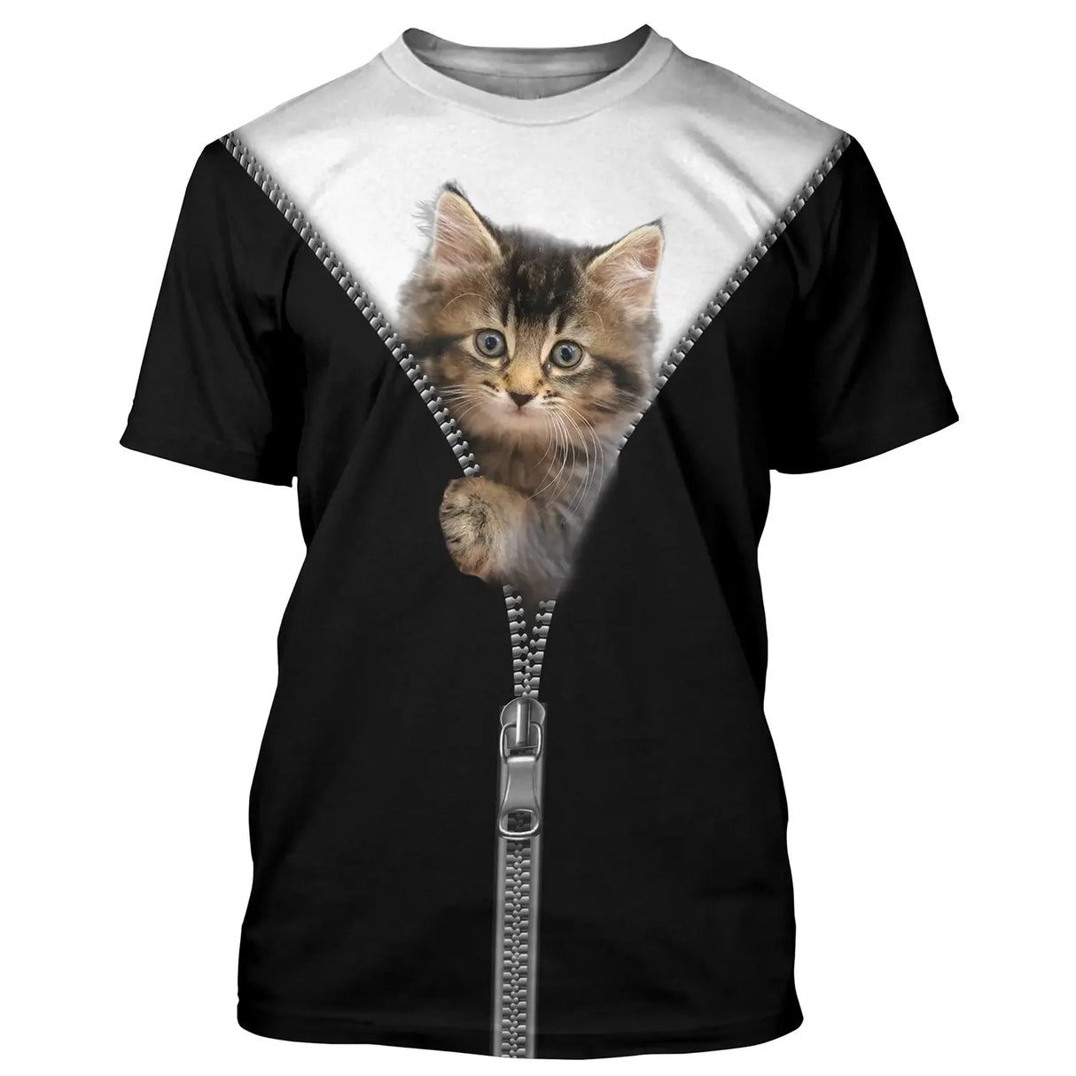 T-shirt chat 3D noir avec zip blanc et chaton tigré sortant de la fermeture éclair, all-over photoréaliste
