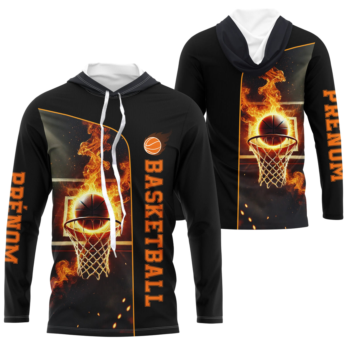 Anti-UV manches longues basketball noir avec ballon en flammes et personnalisation prénom joueur