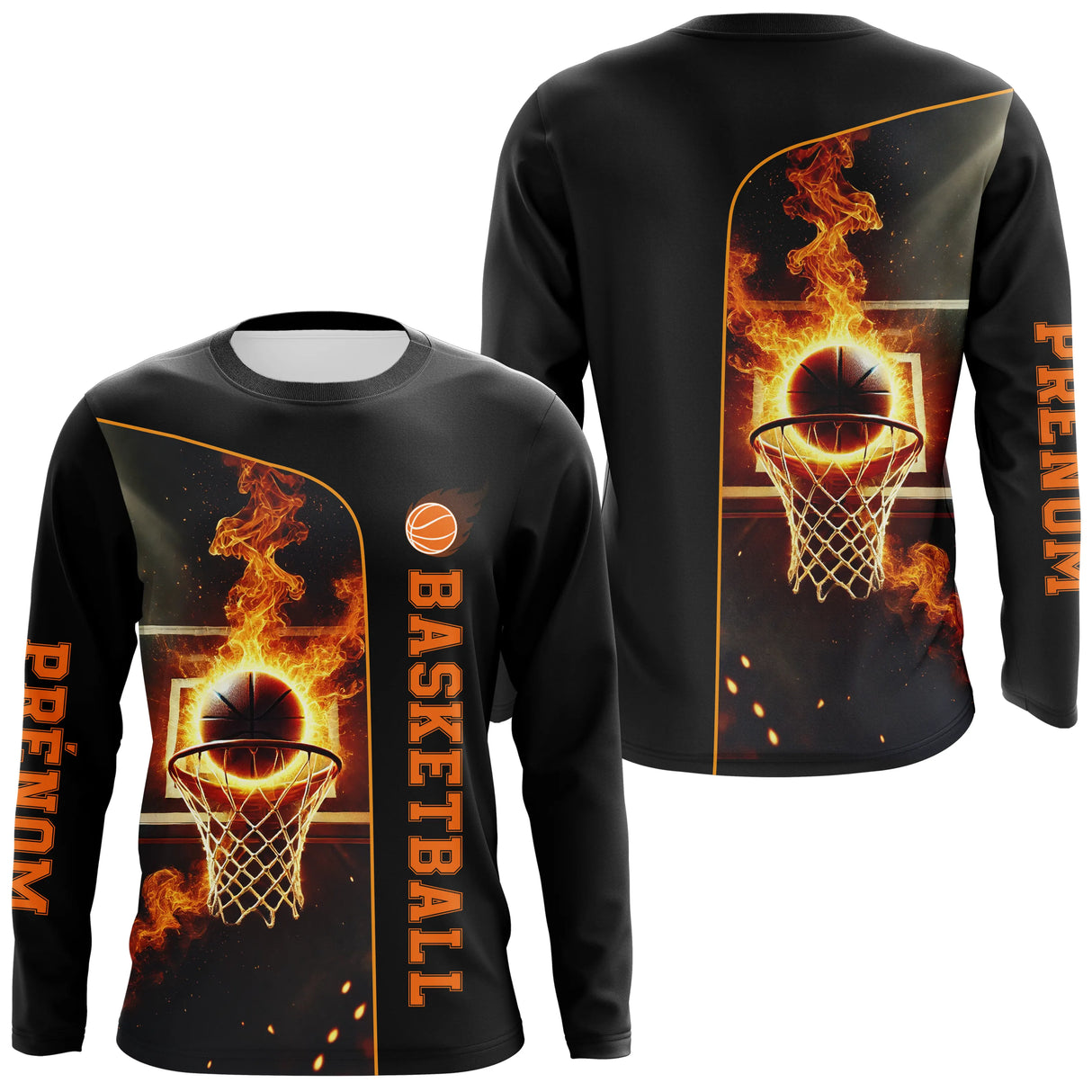 T-shirt basketball noir manches longues avec design ballon orange embrasé et prénom brodé
