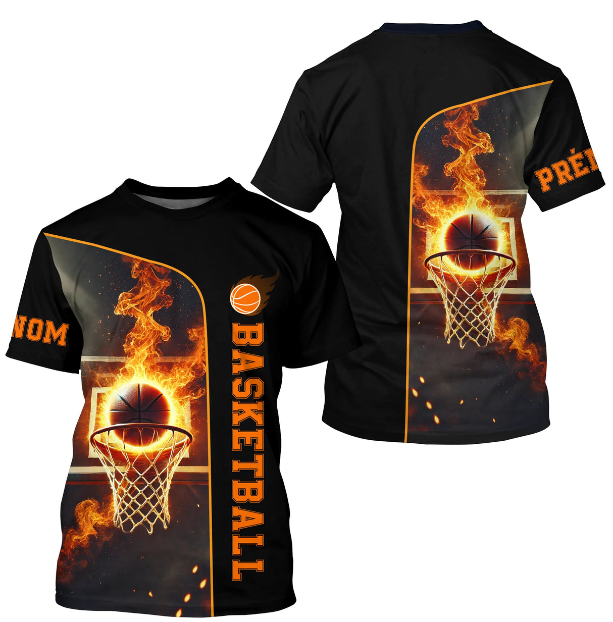 T-shirt basketball noir manches courtes avec design ballon orange en flammes et prénom personnalisé sur la manche