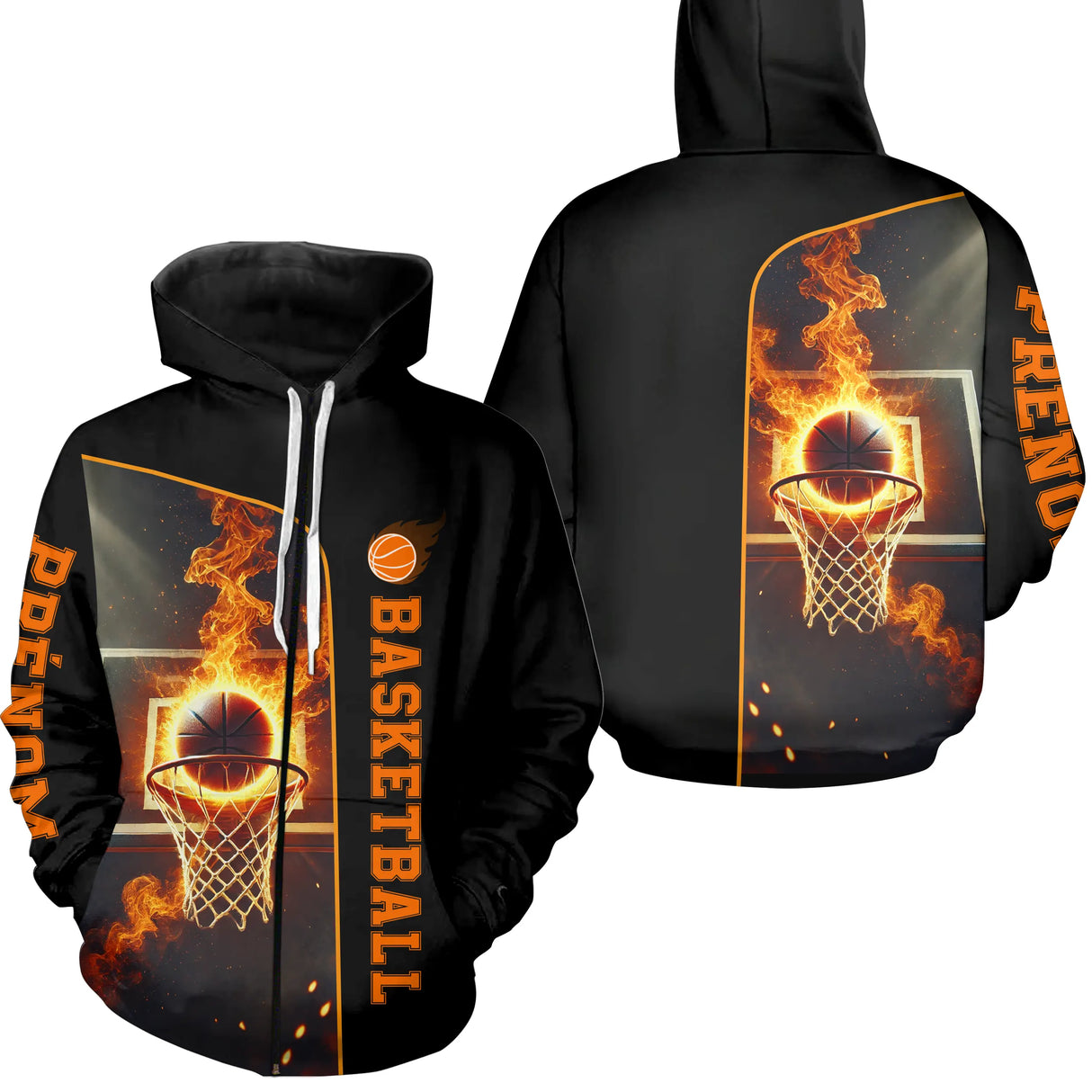 Anti-UV à capuche basketball noir avec ballon en feu et inscription Basketball verticale personnalisable