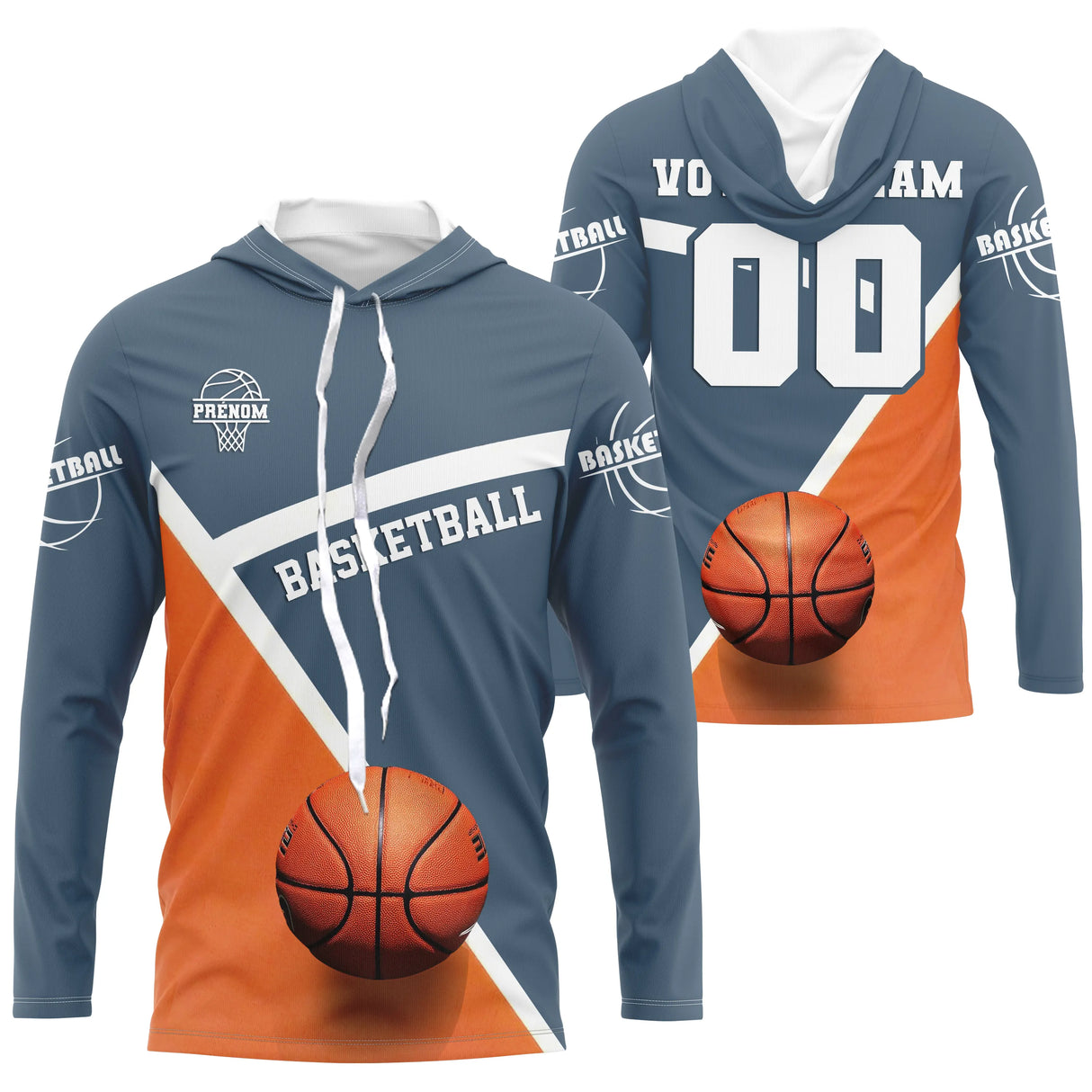 Anti-UV manches longues basketball bleu pétrole orange avec nom équipe et numéro brodé