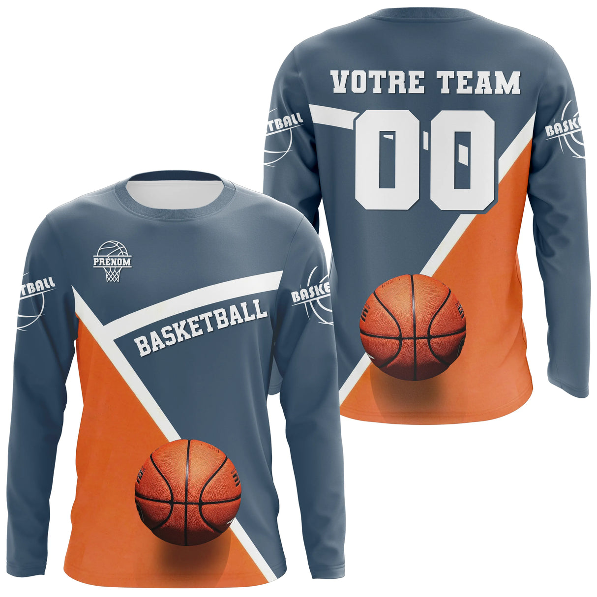 T-shirt basketball manches longues bleu orange avec design ballon et numéro joueur personnalisé