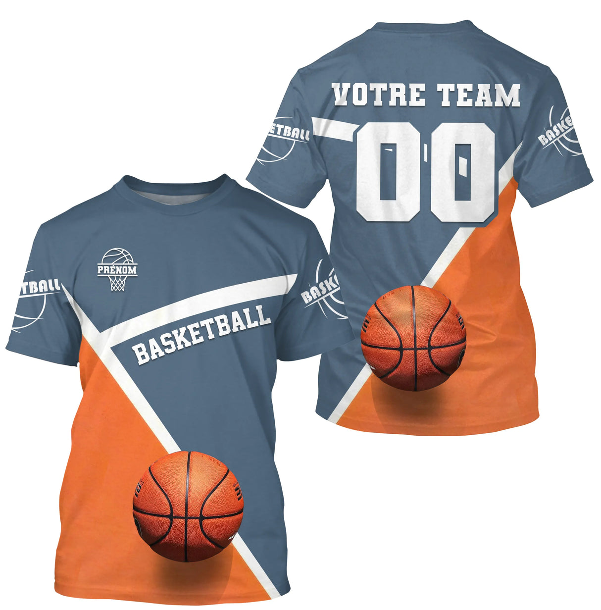 Maillot basketball personnalisé bleu pétrole et orange avec nom équipe Votre Team et numéro 00 au dos