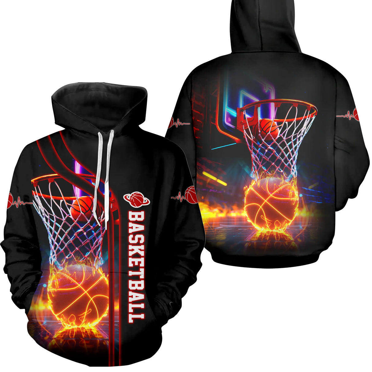 Sweat à capuche basketball noir avec design ballon en flammes et panier néon multicolore