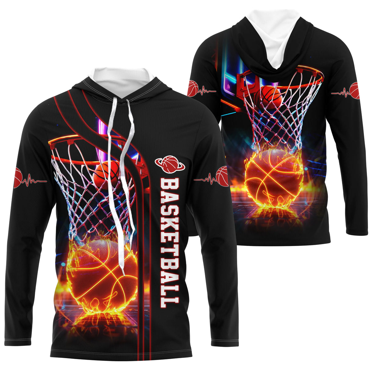 Anti-UV manches longues basketball noir avec ballon orange embrasé et effets feu fumée