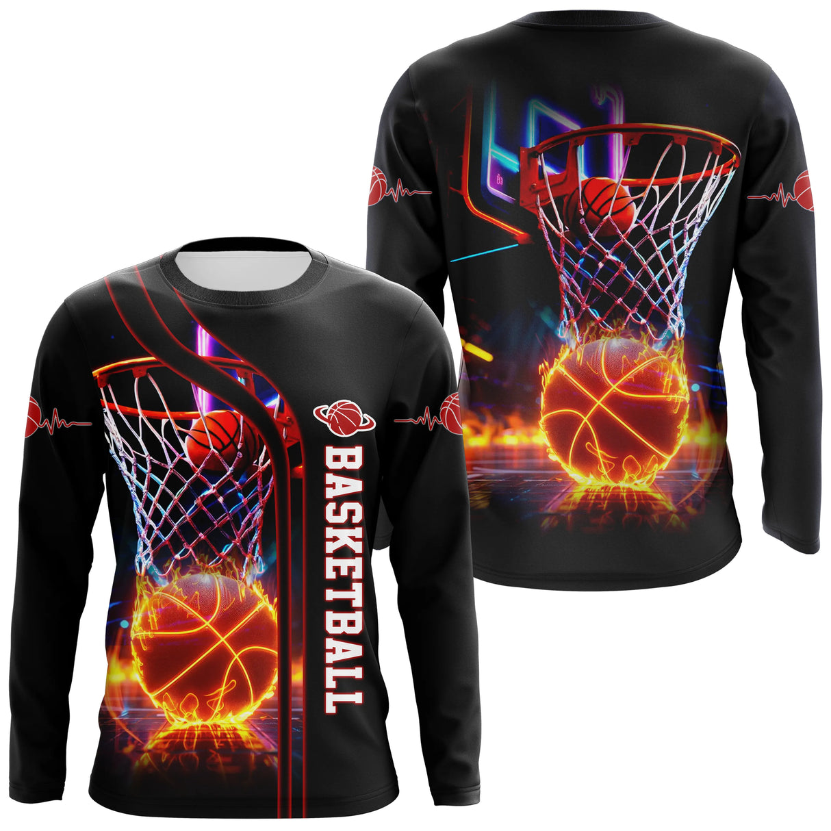 T-shirt manches longues basketball noir avec design ballon orange en flammes et panier néon multicolore