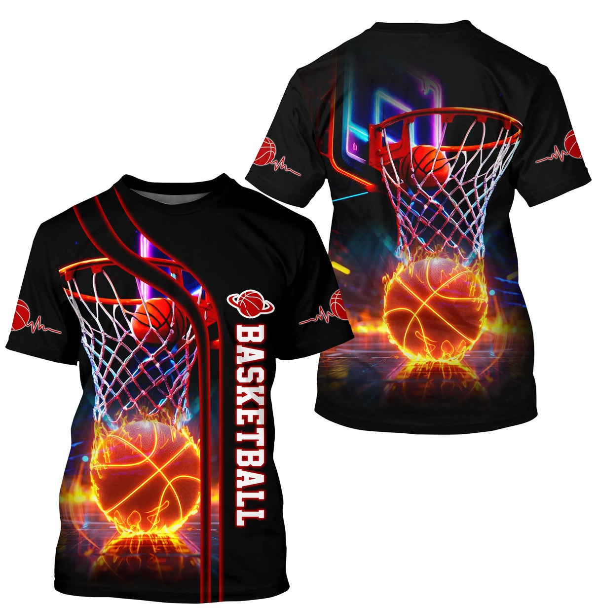 T-shirt basketball noir manches courtes avec design ballon en flammes et panier néon électrique