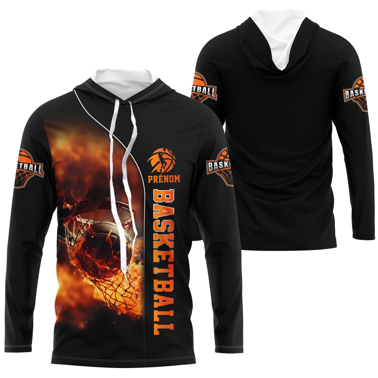 Anti-UV manches longues basketball noir orange flamme ballon en feu et nom team au dos