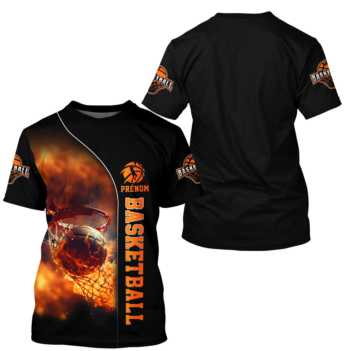 T-shirt basketball noir et orange ballon en feu panier embrasé avec mot Basketball vertical