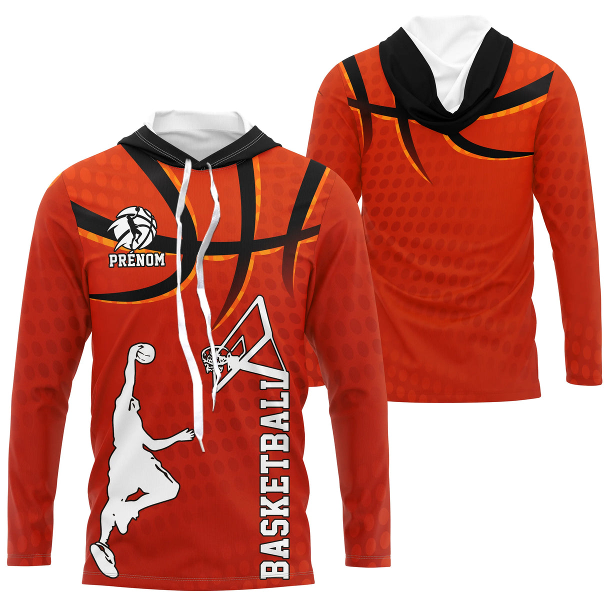 Anti-UV à capuche basketball orange avec joueur en dunk panier graphique et nom team au dos