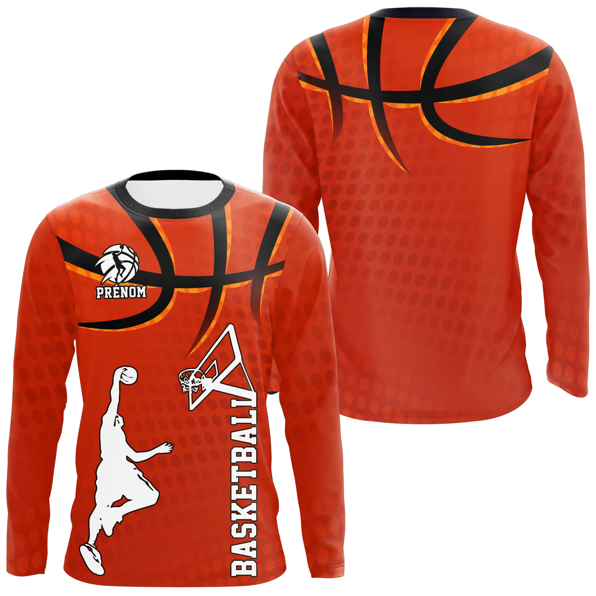 Anti-UV manches longues basketball orange avec ballon halftone et joueur silhouette en dunk