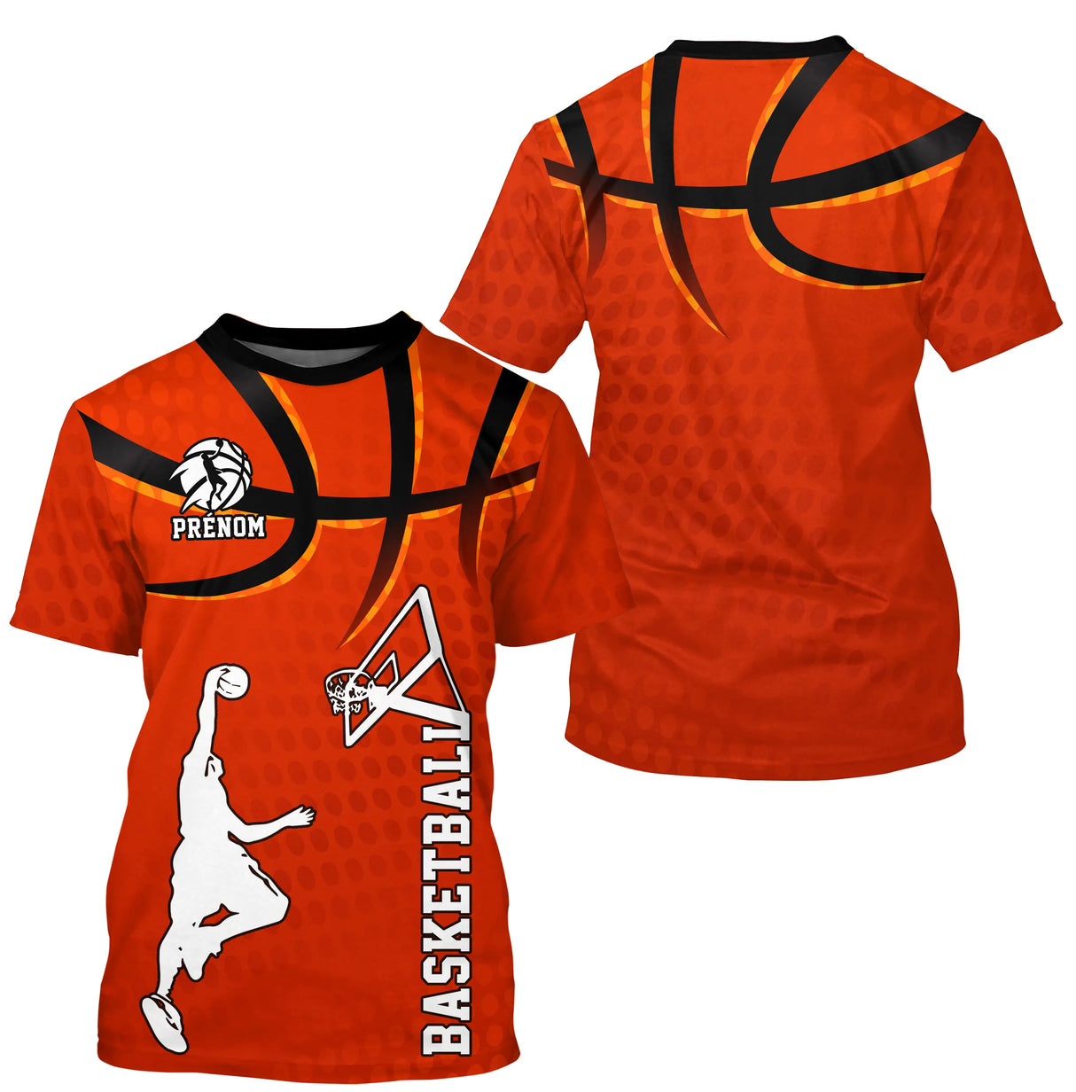 T-shirt basketball orange éclatant avec silhouette joueur dunk et ballon stylisé central