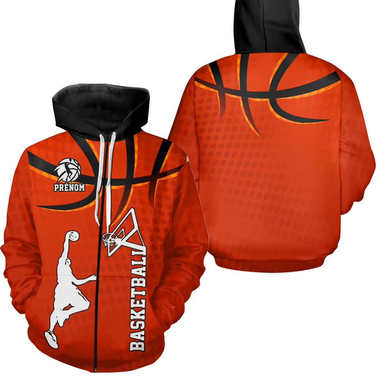 Sweat à capuche zippé basketball orange design dunk joueur silhouette et marquage personnalisé