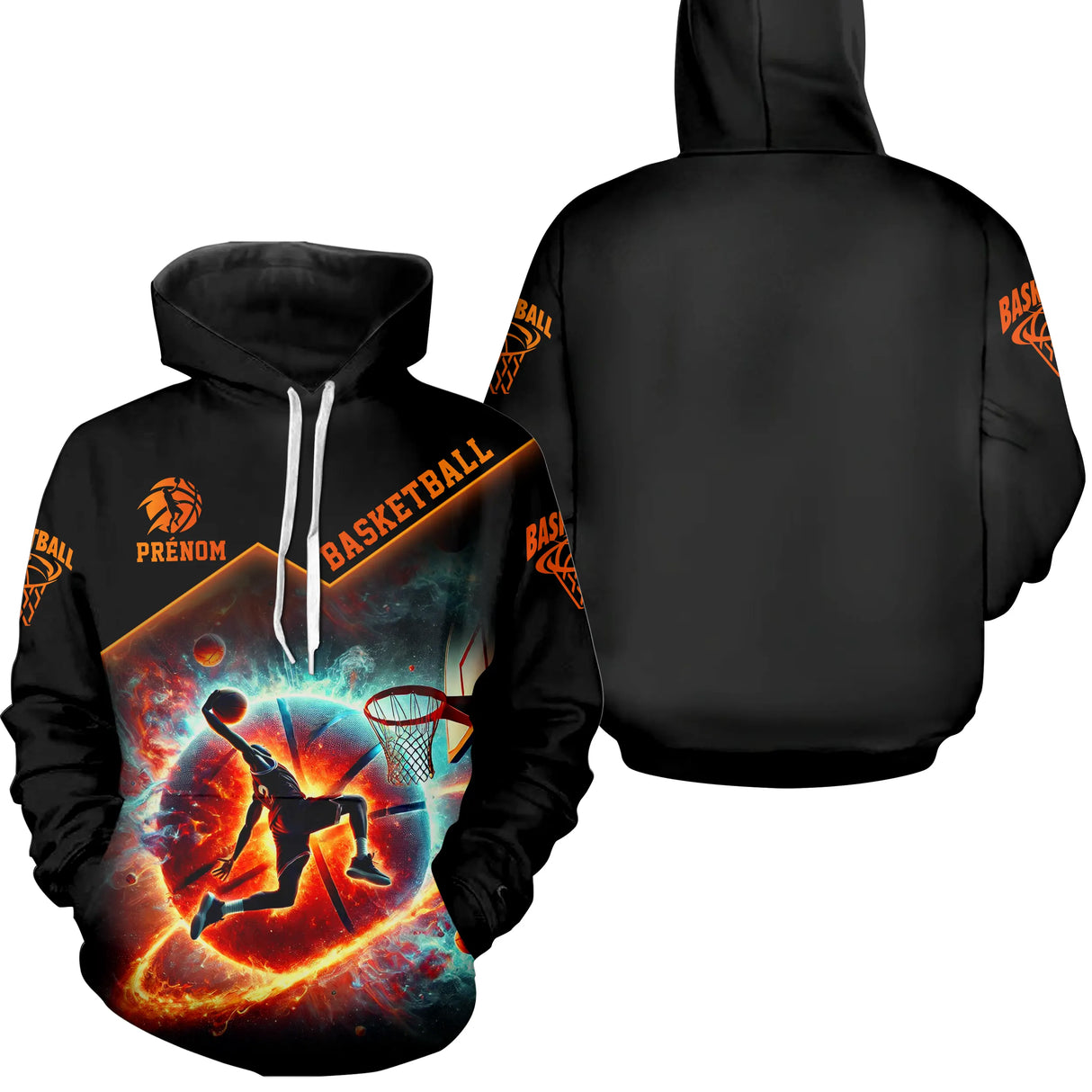 Sweat à capuche basketball galactique noir orange cosmos flamme joueur en dunk et prénom